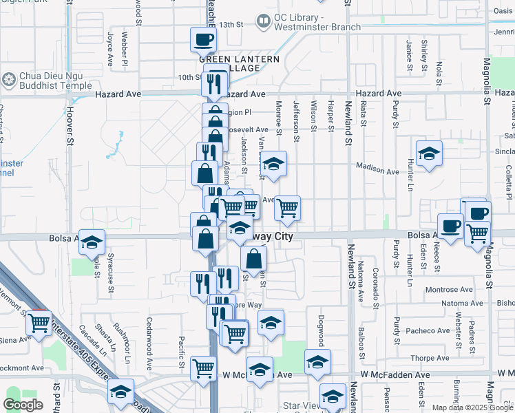 map of restaurants, bars, coffee shops, grocery stores, and more near 14932 Jackson Street in Midway City