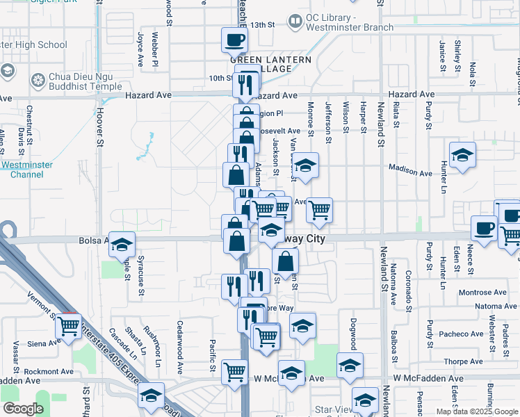 map of restaurants, bars, coffee shops, grocery stores, and more near 14925 Adams Street in Midway City