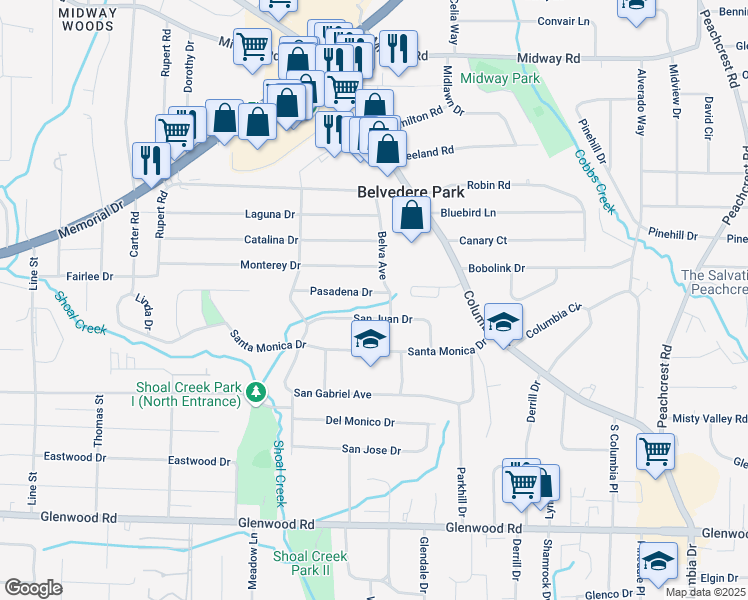 map of restaurants, bars, coffee shops, grocery stores, and more near 3041 Pasadena Drive in Decatur