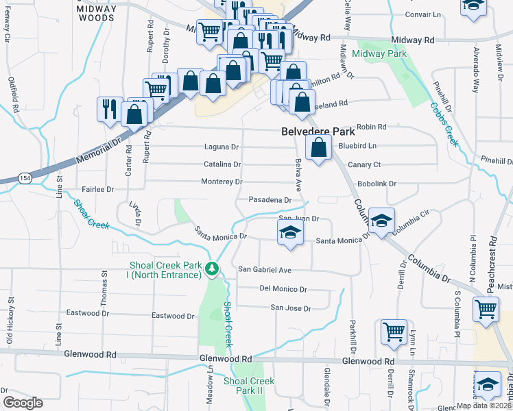 map of restaurants, bars, coffee shops, grocery stores, and more near in Belvedere Park