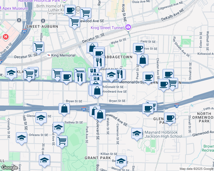 map of restaurants, bars, coffee shops, grocery stores, and more near 610 Woodward Avenue Southeast in Atlanta