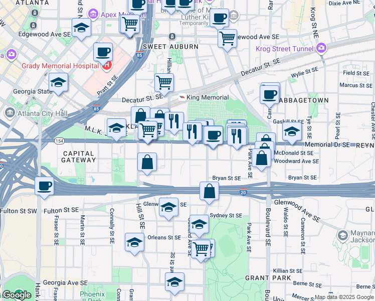 map of restaurants, bars, coffee shops, grocery stores, and more near 335 Oakland Avenue Southeast in Atlanta