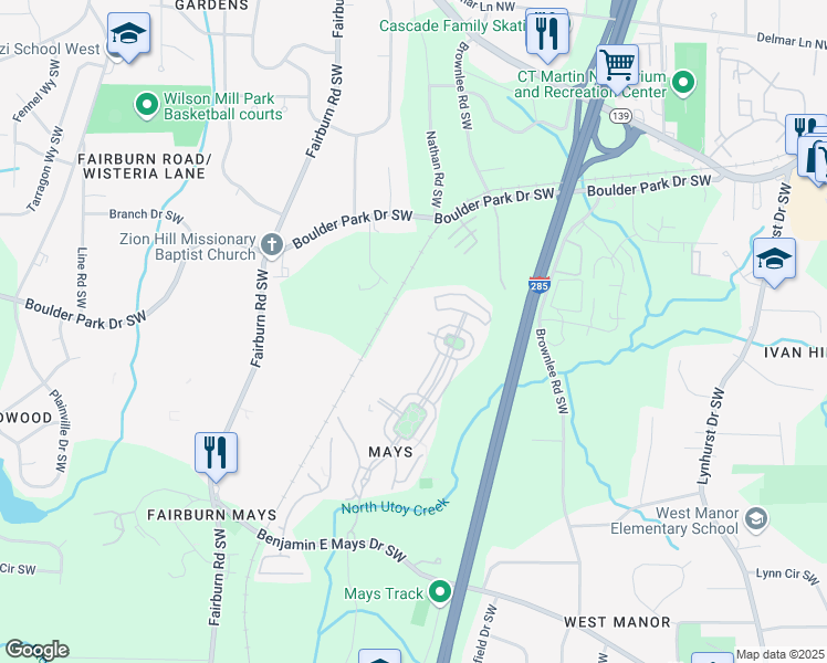 map of restaurants, bars, coffee shops, grocery stores, and more near 703 Crestwell Circle in Atlanta