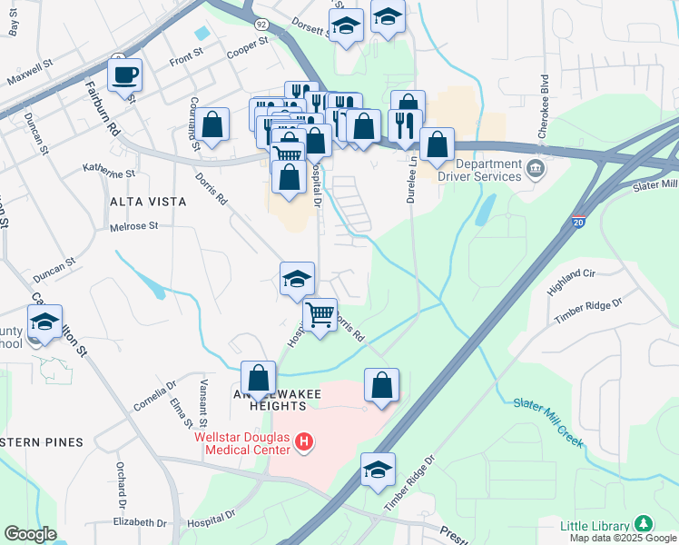 map of restaurants, bars, coffee shops, grocery stores, and more near 8657 Dorris Road in Douglasville