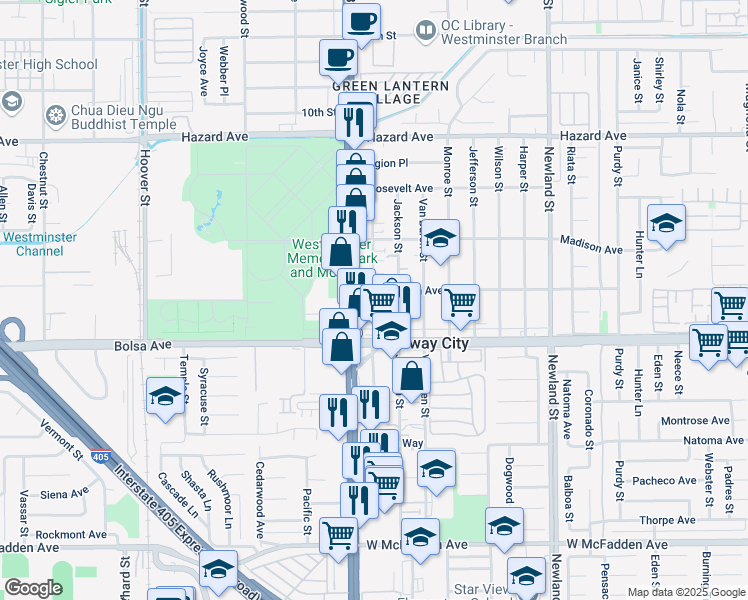 map of restaurants, bars, coffee shops, grocery stores, and more near 14925 Adams Street in Midway City