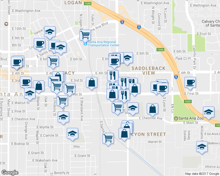 map of restaurants, bars, coffee shops, grocery stores, and more near 117 Hathaway Street in Santa Ana