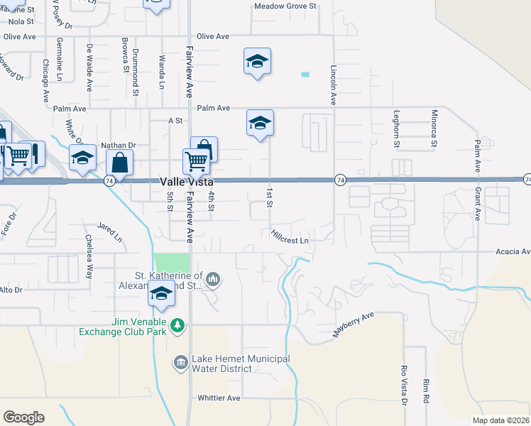 map of restaurants, bars, coffee shops, grocery stores, and more near 44219 E Street in Hemet