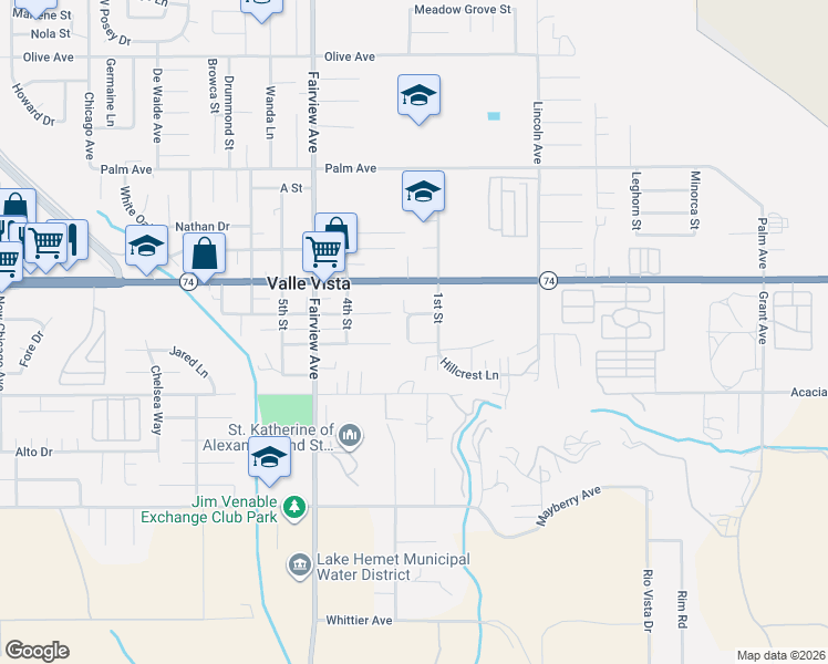 map of restaurants, bars, coffee shops, grocery stores, and more near 44219 E Street in Hemet