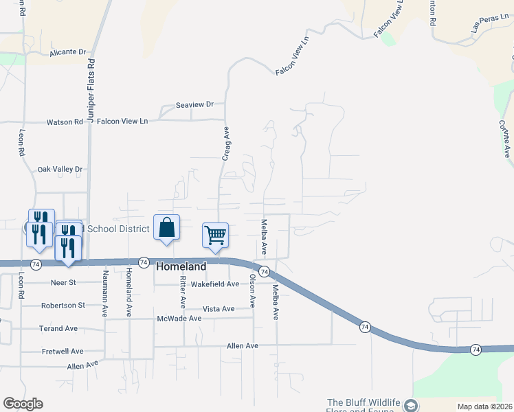 map of restaurants, bars, coffee shops, grocery stores, and more near 25863 Melba Avenue in Homeland
