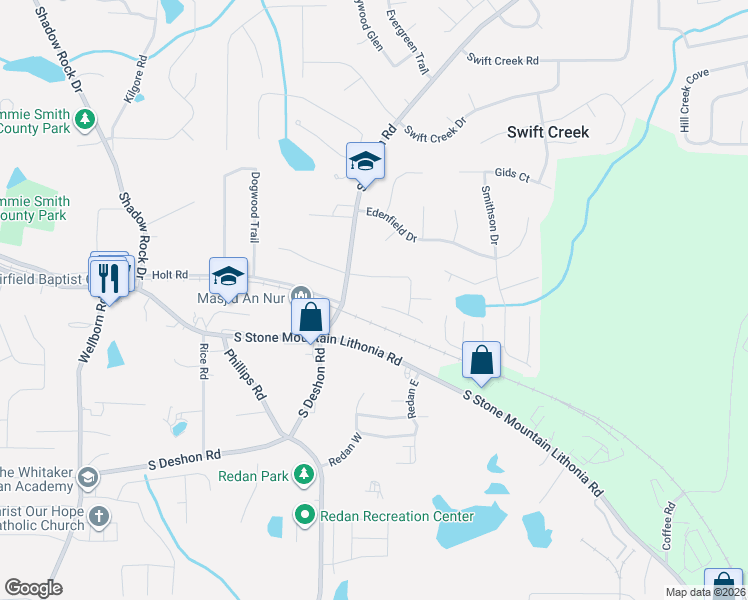 map of restaurants, bars, coffee shops, grocery stores, and more near 6345 Pawleys Isle in Lithonia