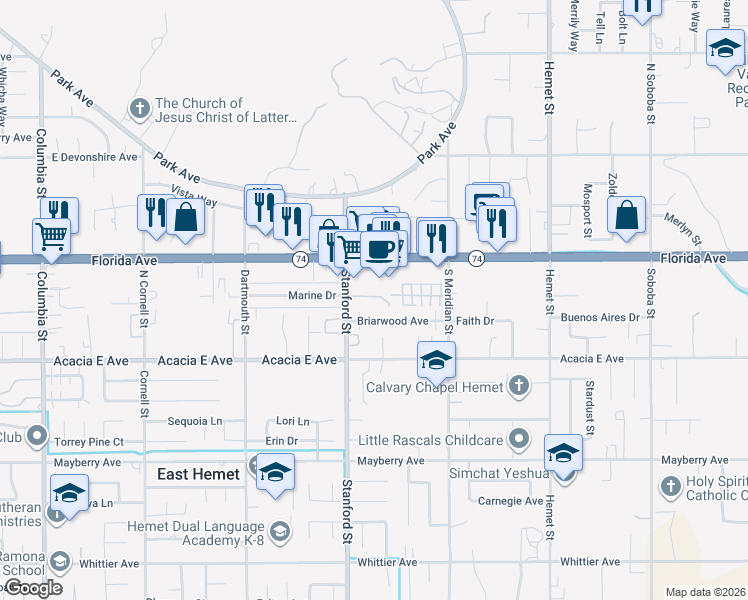 map of restaurants, bars, coffee shops, grocery stores, and more near 25870 Stanford Street in Hemet