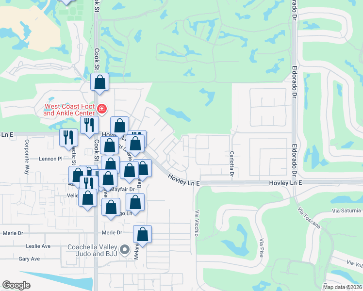 map of restaurants, bars, coffee shops, grocery stores, and more near 319 Tava Lane in Palm Desert