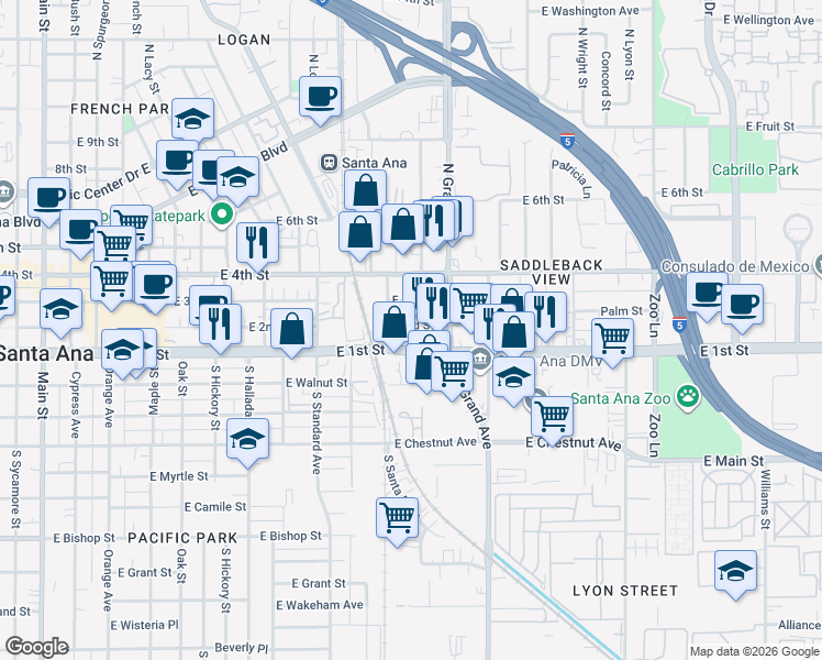 map of restaurants, bars, coffee shops, grocery stores, and more near 120 Hathaway Street in Santa Ana