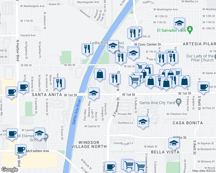 map of restaurants, bars, coffee shops, grocery stores, and more near 2767 West 1st Street in Santa Ana