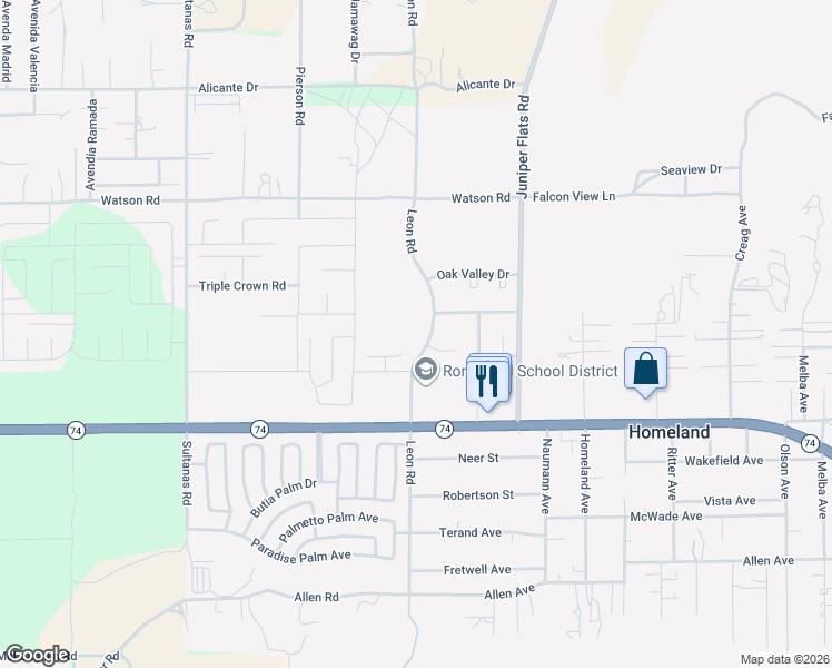 map of restaurants, bars, coffee shops, grocery stores, and more near 25795 Leon Road in Homeland