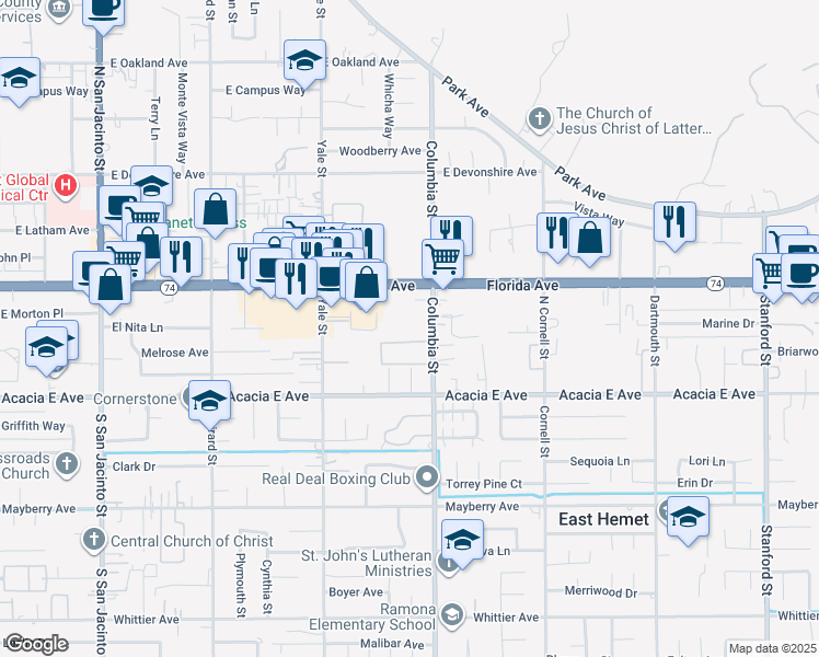 map of restaurants, bars, coffee shops, grocery stores, and more near 191 Columbia Street in Hemet