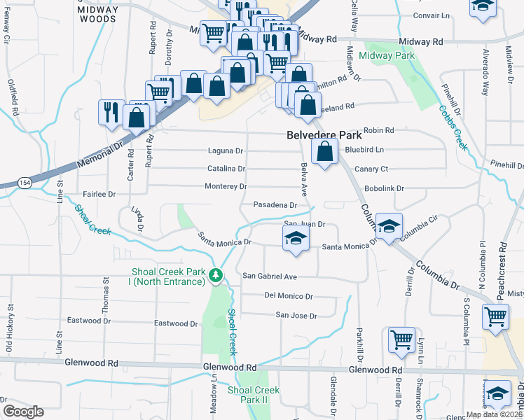 map of restaurants, bars, coffee shops, grocery stores, and more near in Belvedere Park