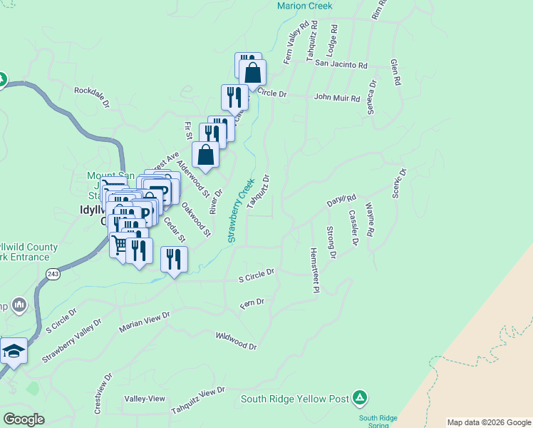 map of restaurants, bars, coffee shops, grocery stores, and more near 25881 Hill Street in Idyllwild-Pine Cove