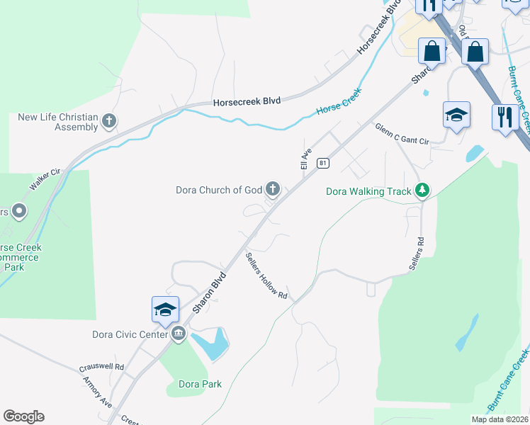 map of restaurants, bars, coffee shops, grocery stores, and more near 43 McCrary Circle in Dora