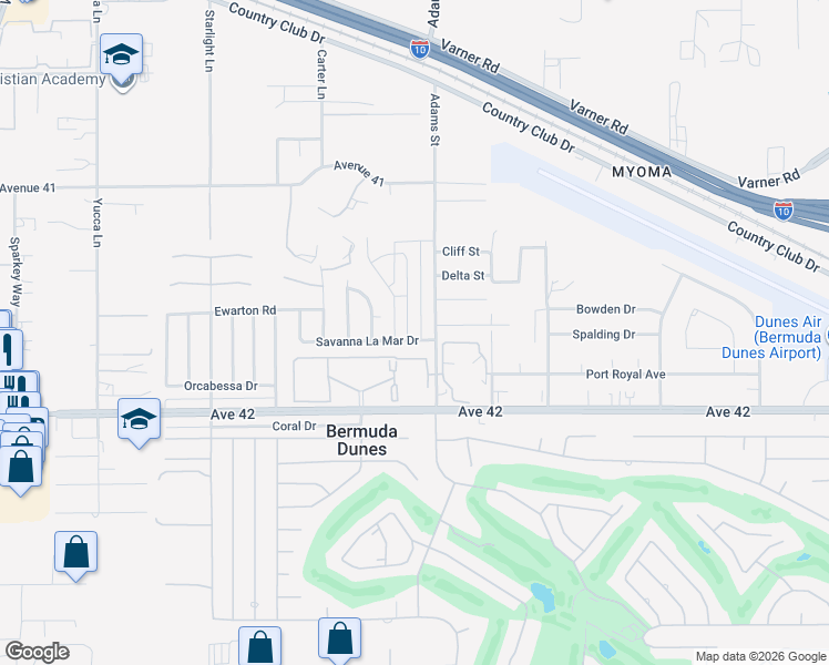 map of restaurants, bars, coffee shops, grocery stores, and more near 41680 Maroon Town Road in Bermuda Dunes