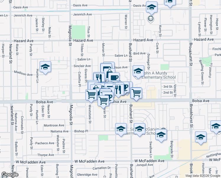 map of restaurants, bars, coffee shops, grocery stores, and more near 14905 Dillow Street in Westminster