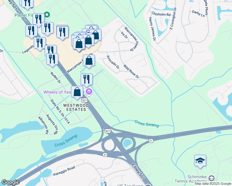 map of restaurants, bars, coffee shops, grocery stores, and more near 455 Hospitality Lane in Myrtle Beach