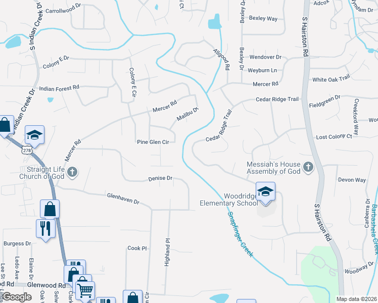 map of restaurants, bars, coffee shops, grocery stores, and more near 4410 Cedar Ridge Trail in Stone Mountain