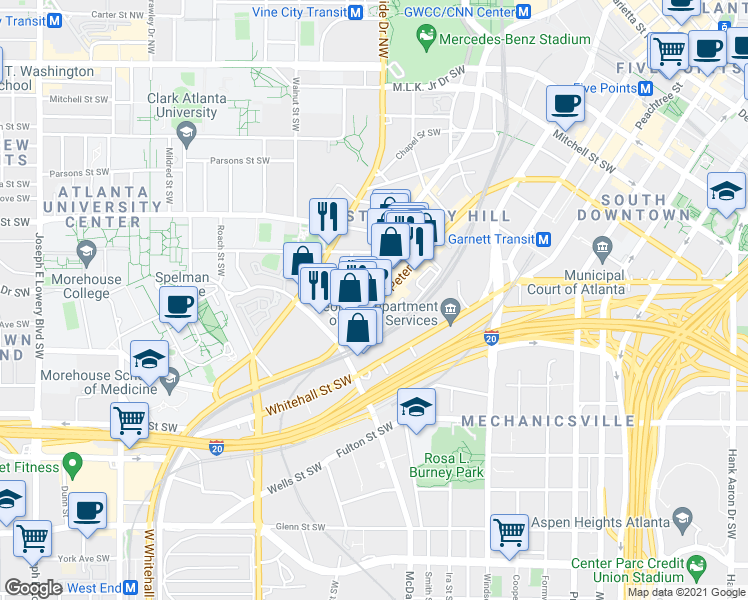 map of restaurants, bars, coffee shops, grocery stores, and more near 309 Peters Street Southwest in Atlanta