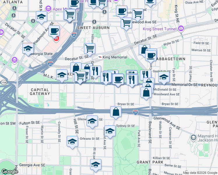 map of restaurants, bars, coffee shops, grocery stores, and more near 307 Cherokee Avenue Southeast in Atlanta