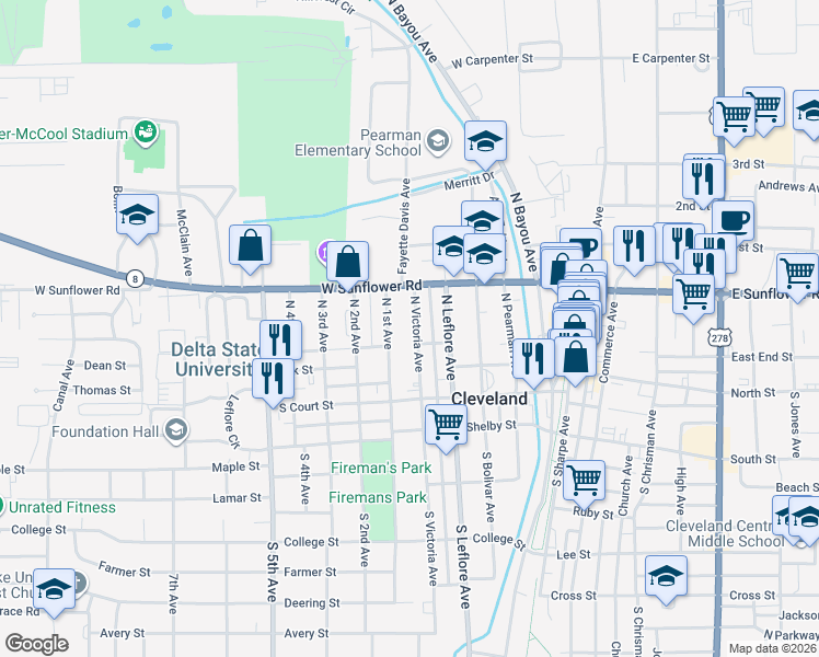 map of restaurants, bars, coffee shops, grocery stores, and more near 210 North Victoria Avenue in Cleveland