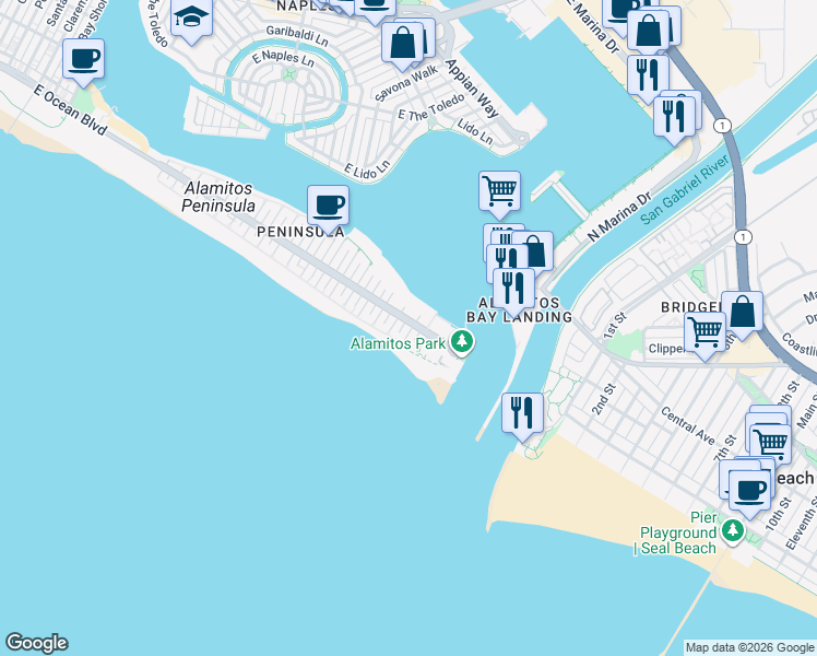 map of restaurants, bars, coffee shops, grocery stores, and more near 6824 East Ocean Boulevard in Long Beach
