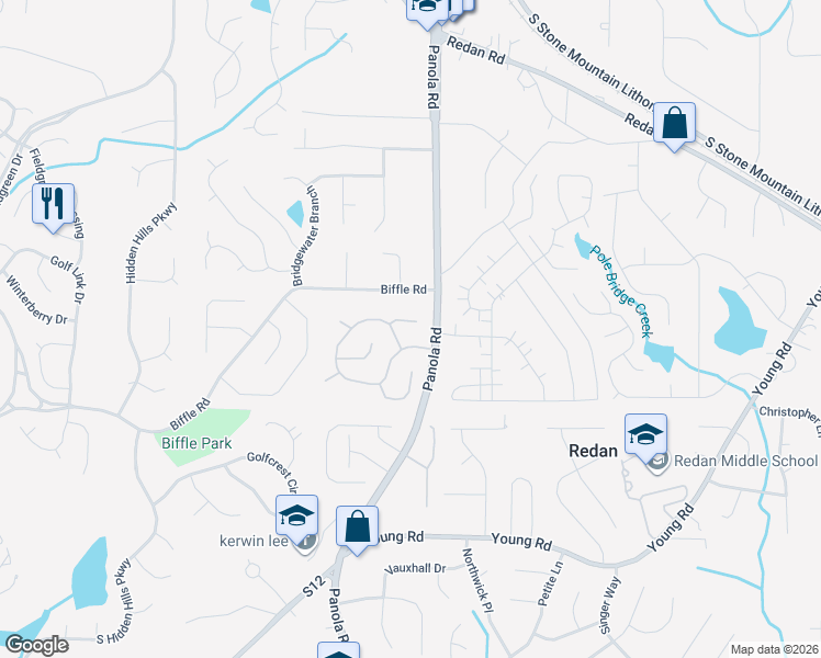 map of restaurants, bars, coffee shops, grocery stores, and more near 5453 Biffle Court in Stone Mountain