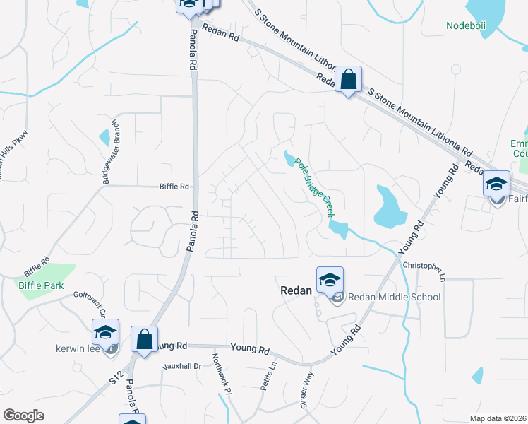 map of restaurants, bars, coffee shops, grocery stores, and more near 1529 Burnstone Drive in Stone Mountain