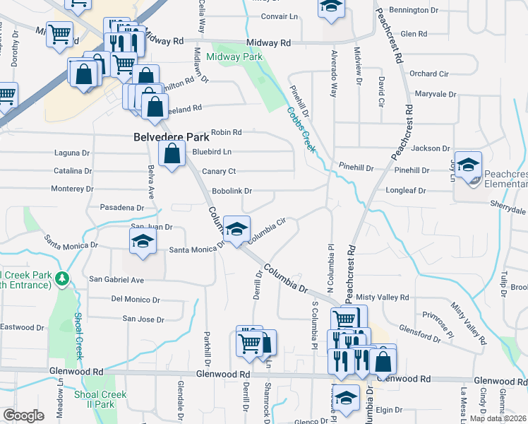 map of restaurants, bars, coffee shops, grocery stores, and more near 1609 Tanager Circle in Decatur
