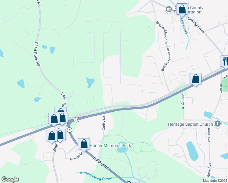 map of restaurants, bars, coffee shops, grocery stores, and more near 8589 Timberlane Drive in Douglasville