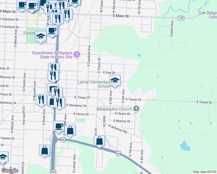 map of restaurants, bars, coffee shops, grocery stores, and more near 428 Munson Street in Denison