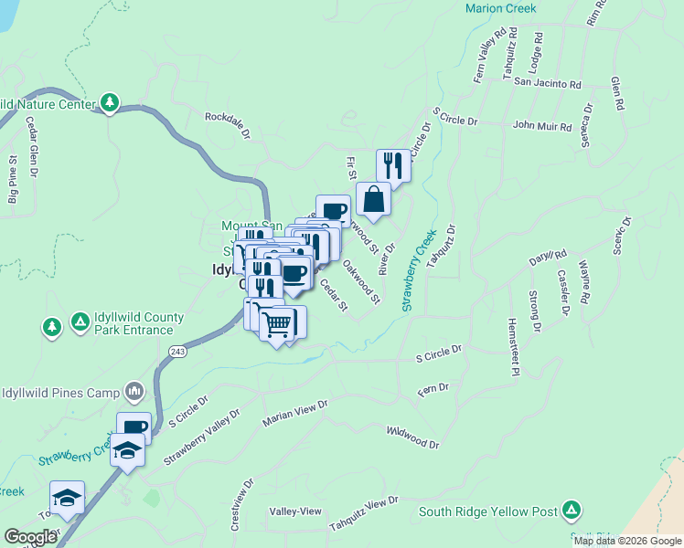 map of restaurants, bars, coffee shops, grocery stores, and more near 54445 North Circle Drive in Idyllwild-Pine Cove