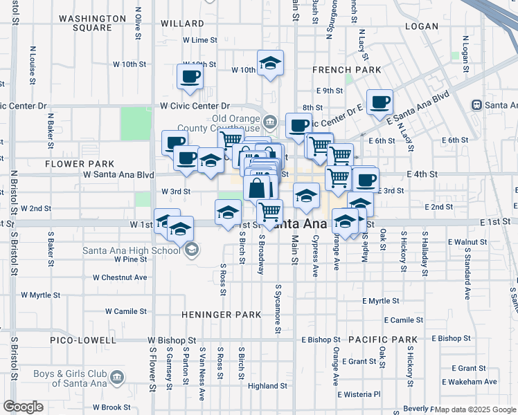 map of restaurants, bars, coffee shops, grocery stores, and more near in Santa Ana