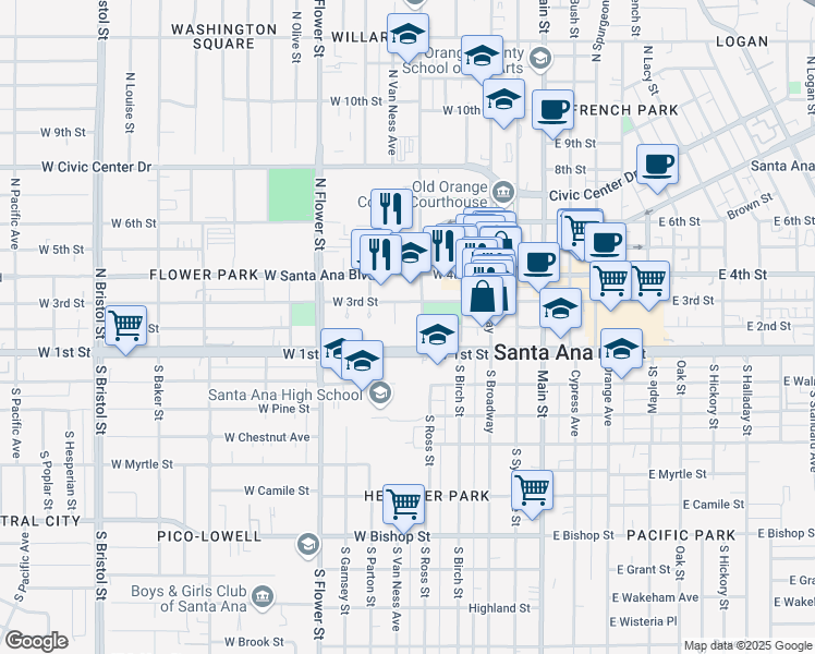 map of restaurants, bars, coffee shops, grocery stores, and more near 550 West Santa Ana Boulevard in Santa Ana