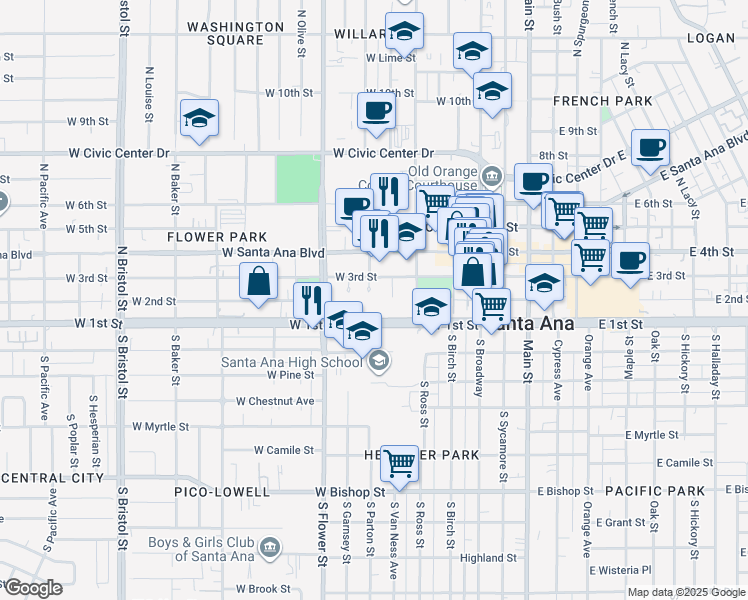 map of restaurants, bars, coffee shops, grocery stores, and more near 103 West 3rd Street in Santa Ana