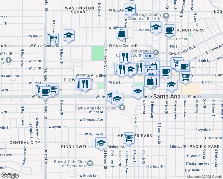 map of restaurants, bars, coffee shops, grocery stores, and more near 700 West 3rd Street in Santa Ana