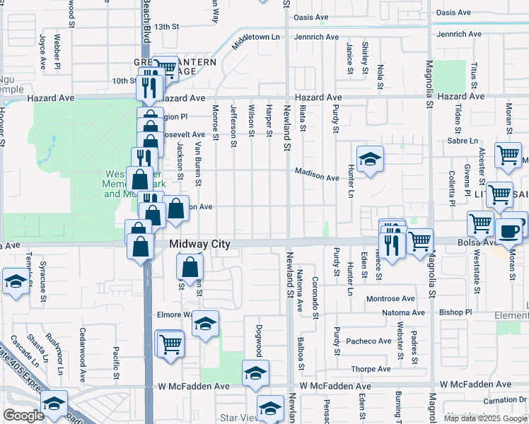 map of restaurants, bars, coffee shops, grocery stores, and more near 14831 Harper Street in Midway City