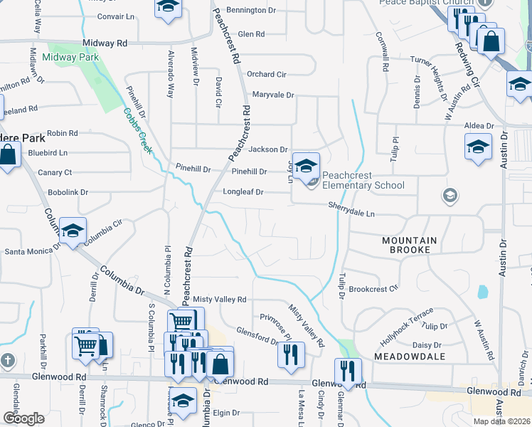 map of restaurants, bars, coffee shops, grocery stores, and more near 3443 Longleaf Drive in Decatur