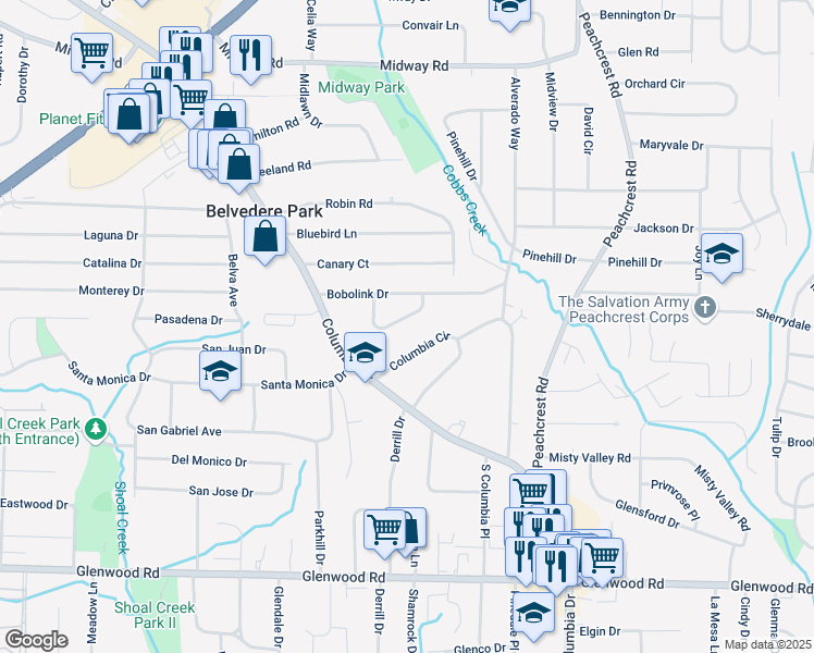 map of restaurants, bars, coffee shops, grocery stores, and more near 3221 Bobolink Drive in Decatur