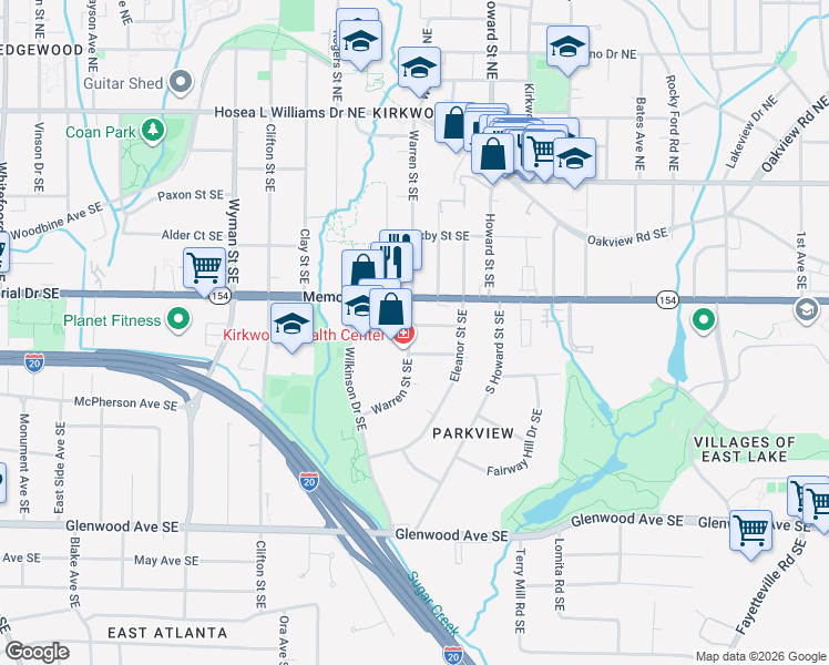 map of restaurants, bars, coffee shops, grocery stores, and more near 1895 Memorial Drive Southeast in Atlanta