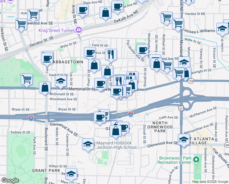 map of restaurants, bars, coffee shops, grocery stores, and more near 872 Memorial Drive Southeast in Atlanta
