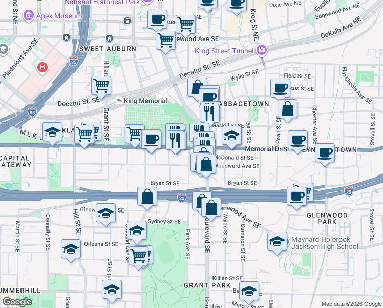 map of restaurants, bars, coffee shops, grocery stores, and more near 250 Park Avenue West Northwest in Atlanta