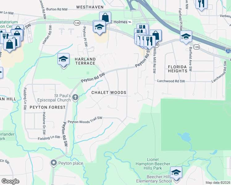 map of restaurants, bars, coffee shops, grocery stores, and more near 328 Peyton Place Southwest in Atlanta