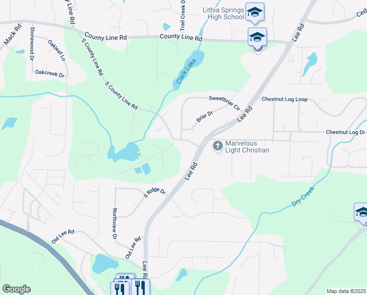 map of restaurants, bars, coffee shops, grocery stores, and more near 3830 South County Line Road in Lithia Springs