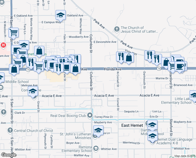 map of restaurants, bars, coffee shops, grocery stores, and more near 25818 Columbia Street in Hemet